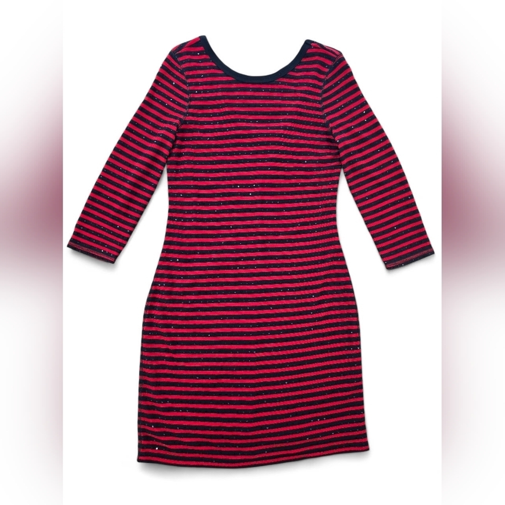 Express Red Black Striped Sequin Bodycon Midi Dress Lined Stretch Small